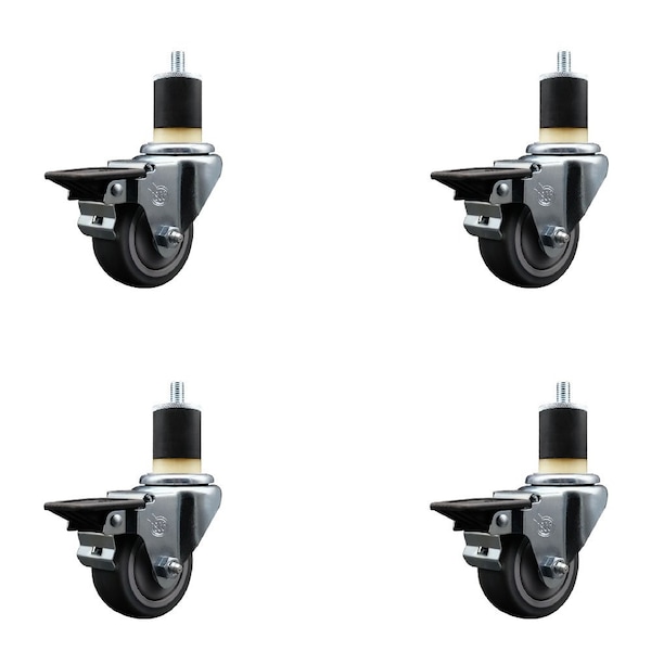 3'' Thermoplastic Rubber Swivel 1-7/8'' Expanding Stem Caster Set with Brake, 4PK